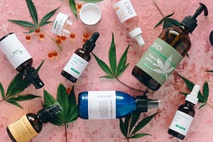 overhead shot of an assortment of cbd products