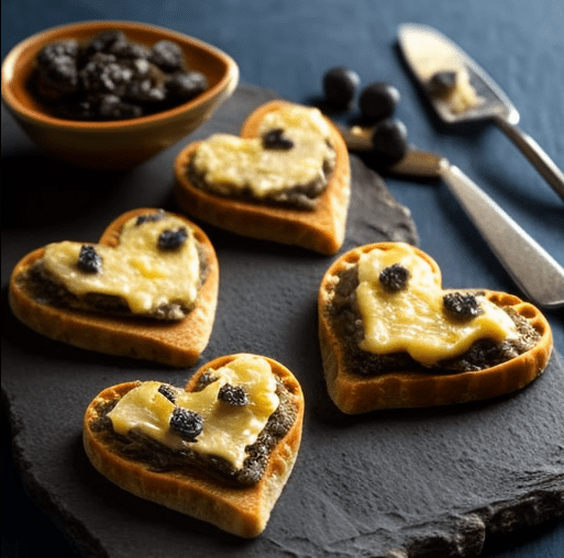 Receta de crostinis corazón con aceitunas y queso para san valentín